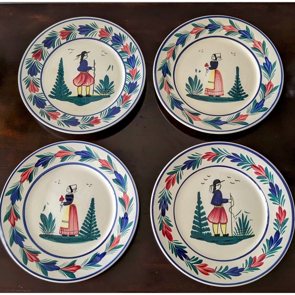 Vintage Henriot Quimper 4 Luncheon Plates 9 1/4" Breton Man & Woman  Superb Cond
